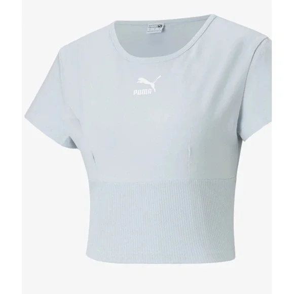 Puma Women's Classic Structured Crop Basic T-shirt Blue Size M - Picture 2 of 11